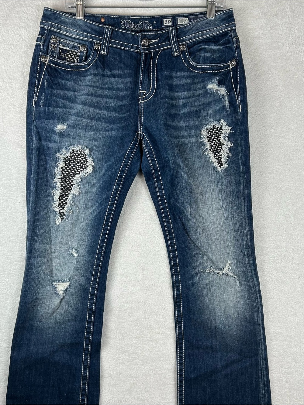 Miss Me Easy Bootcut Jeans Blue Denim Distressed studded Women size 30 (34x32.5)